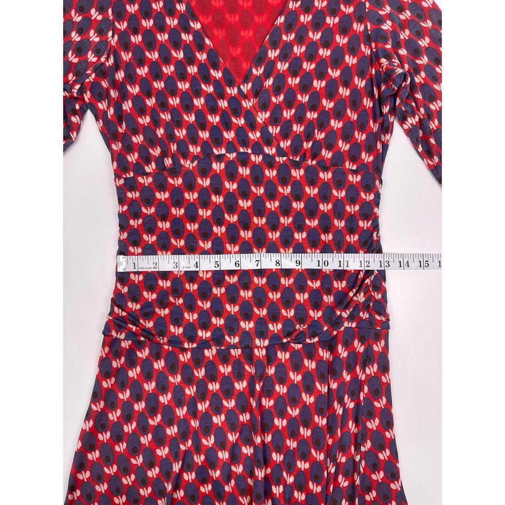 Boden Red & Navy Geometric Print Midi Dress Size 8R V-Neck Ruched Waist - Picture 10 of 10